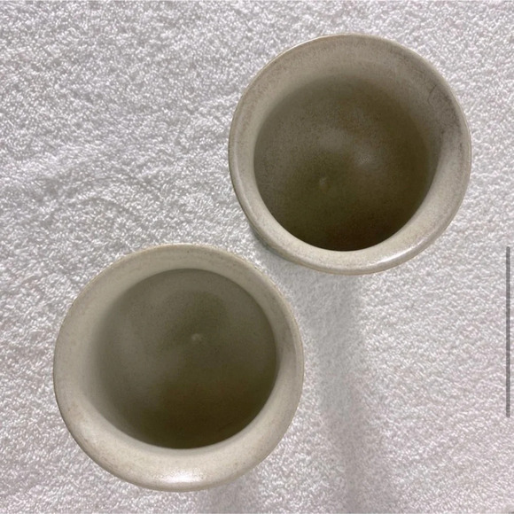 Vintage Stemmed  Goblet Handcrafted Stoneware Beige Blue Tan Band x2 - Picture 7 of 12